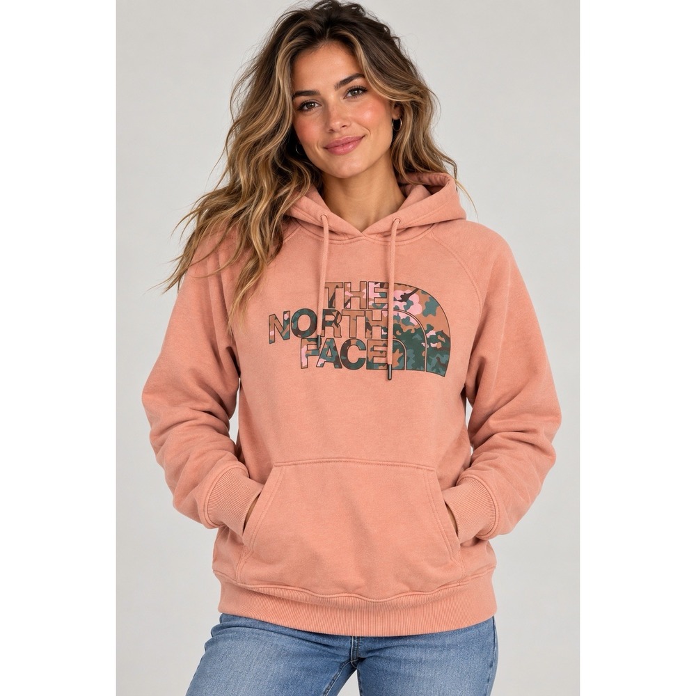 The North Face Hoodie Womens M Pink Camo Half Dome Logo Pullover Sweatshirt
